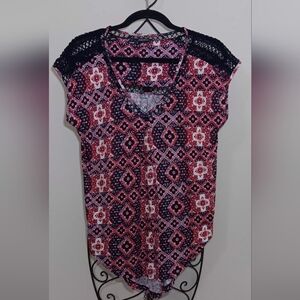 Lucky Brand Crochet Shoulder red, white and blue Patterned Blouse